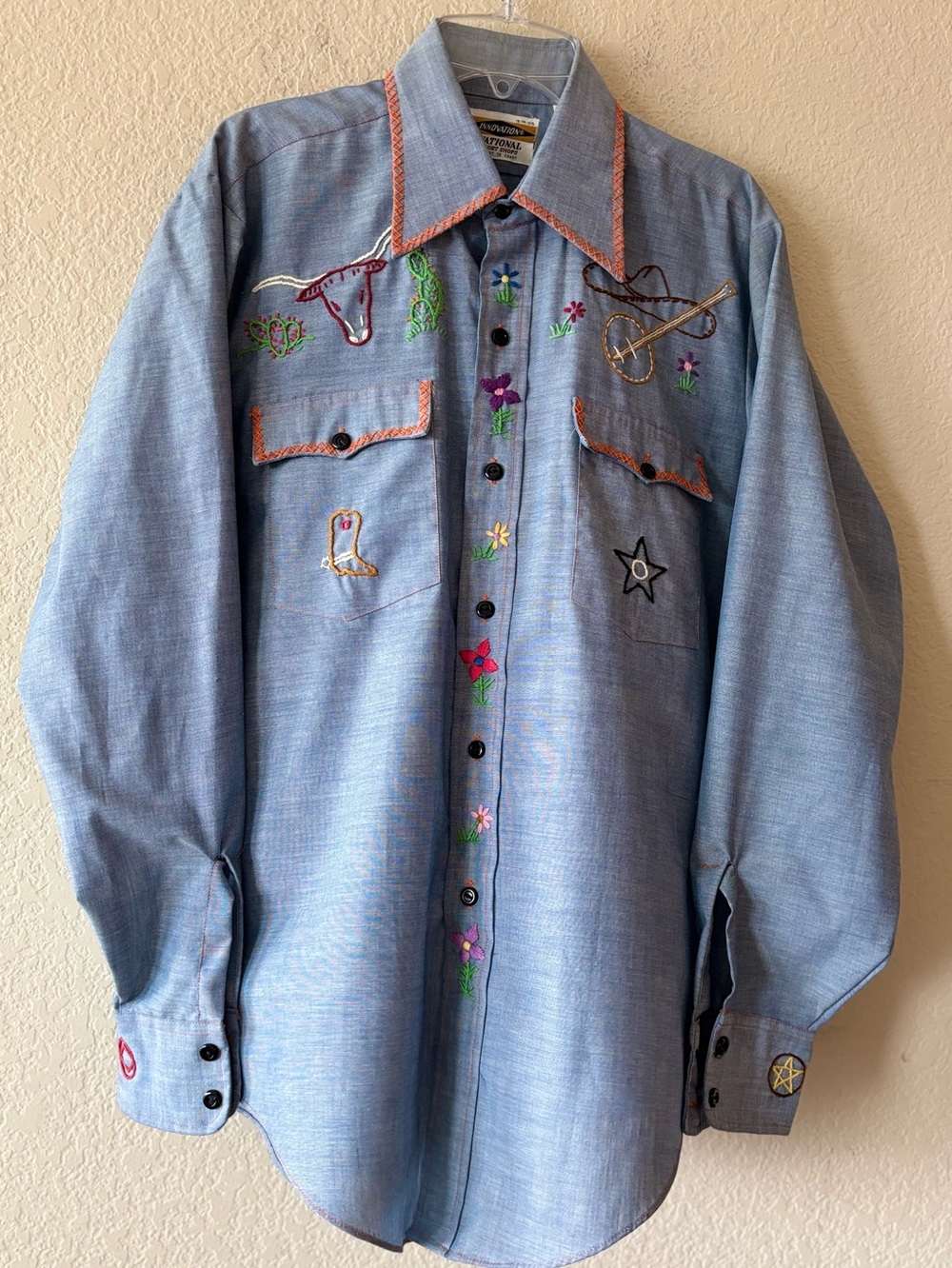 Vintage 70s Hand Embroidered Western Chambray Shirt OOAK Cowboy Folk Art M